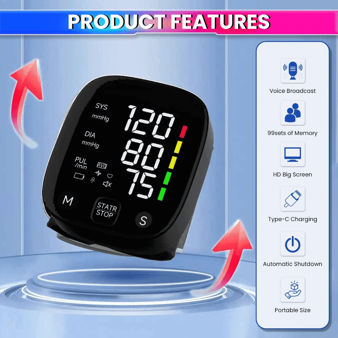 Wrist Blood Pressure Monitor, Type-C Rechargeable BP Machine Stores 99 * 2 Readings for 2 Users - Image 2